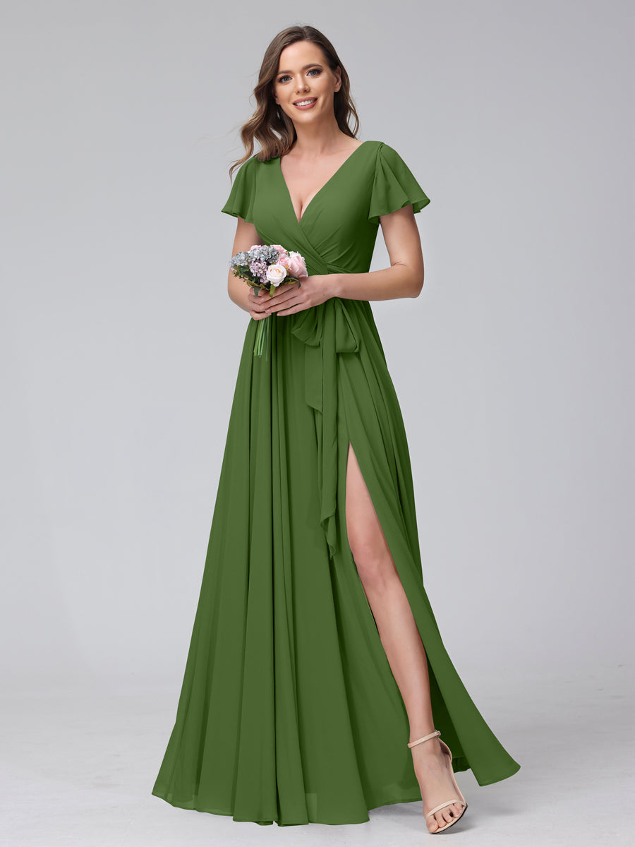A-Line V-Neck Short Sleeves Long Chiffon Bridesmaid Dresses With Split Side Olive Green