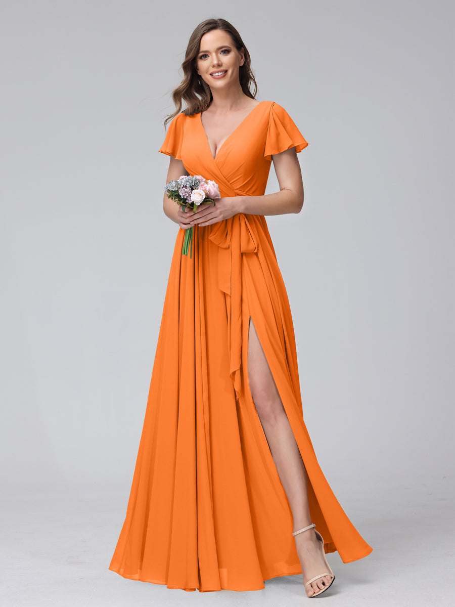 A-Line V-Neck Short Sleeves Long Chiffon Bridesmaid Dresses With Split Side Orange
