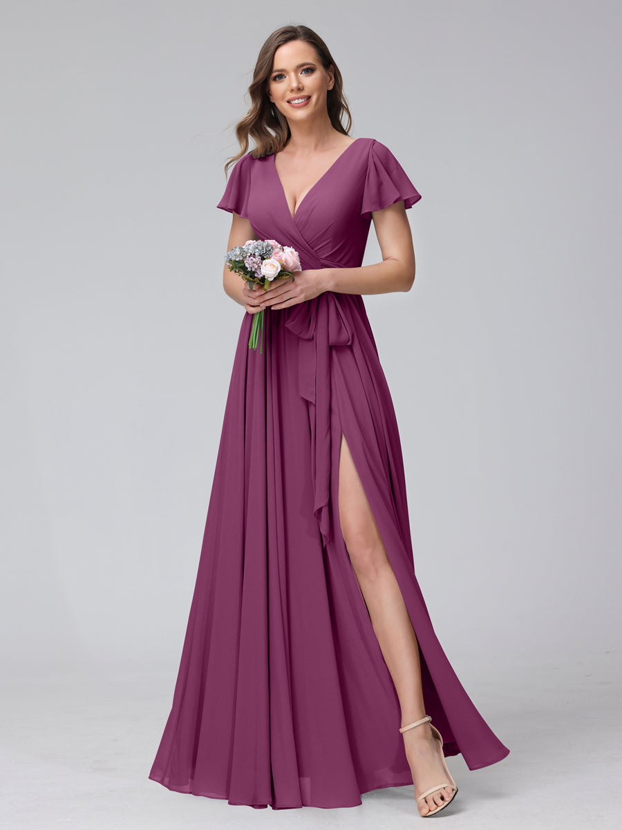 A-Line V-Neck Short Sleeves Long Chiffon Bridesmaid Dresses With Split Side Orchid