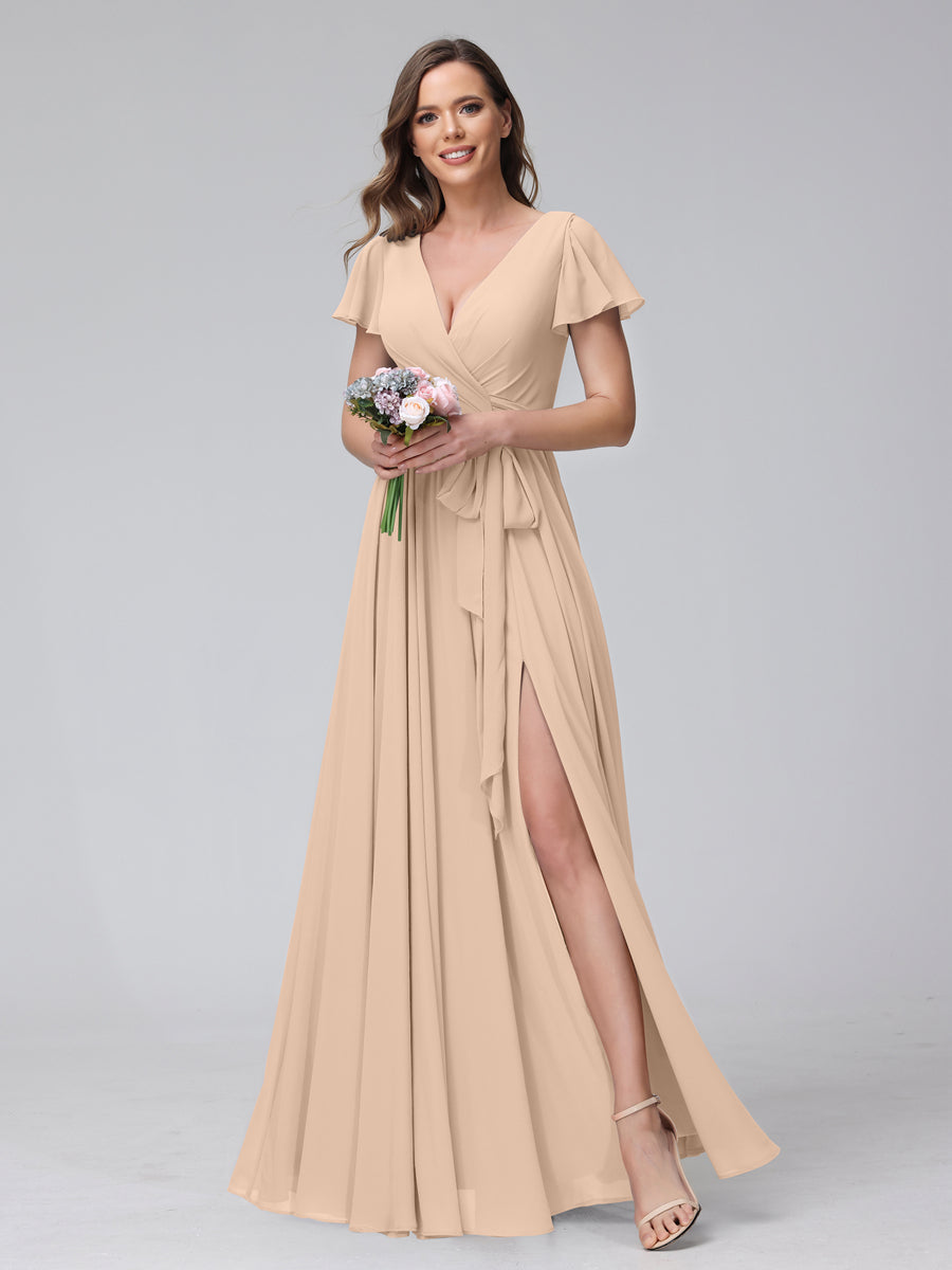 A-Line V-Neck Short Sleeves Long Chiffon Bridesmaid Dresses With Split Side Peach Pink