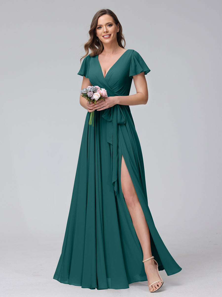 A-Line V-Neck Short Sleeves Long Chiffon Bridesmaid Dresses With Split Side Peacock