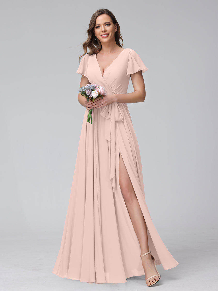 A-Line V-Neck Short Sleeves Long Chiffon Bridesmaid Dresses With Split Side Pearl Pink