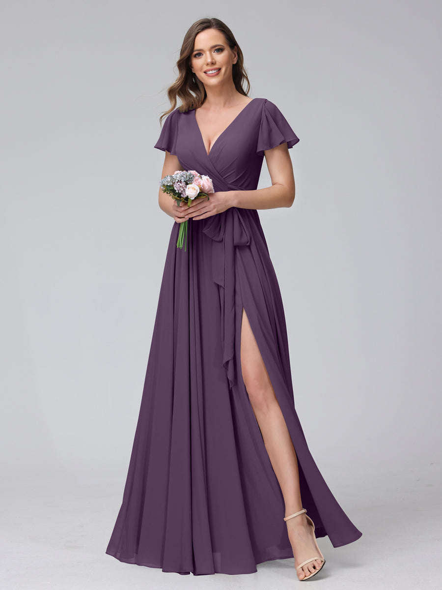 A-Line V-Neck Short Sleeves Long Chiffon Bridesmaid Dresses With Split Side Plum