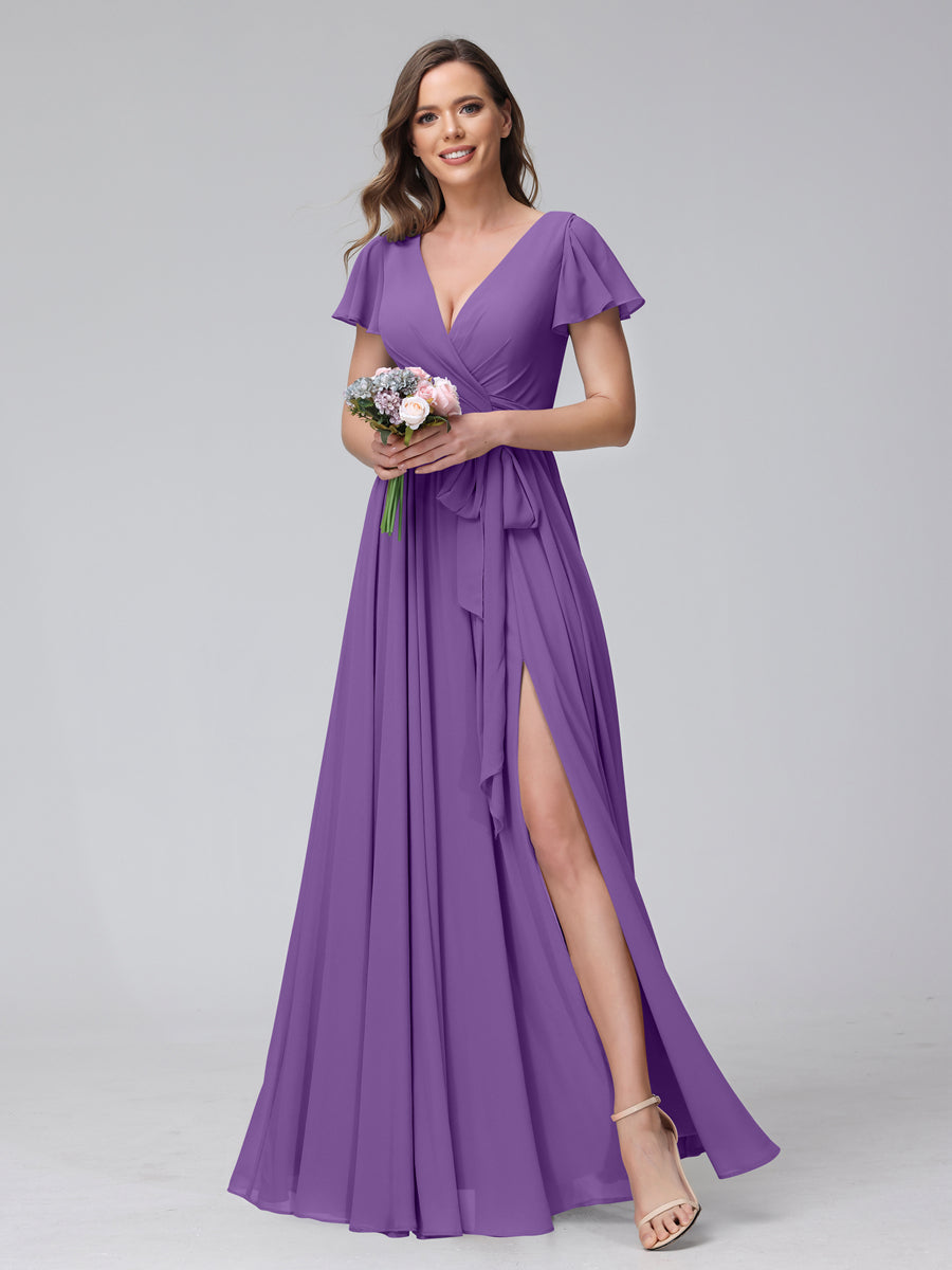 A-Line V-Neck Short Sleeves Long Chiffon Bridesmaid Dresses With Split Side Purple