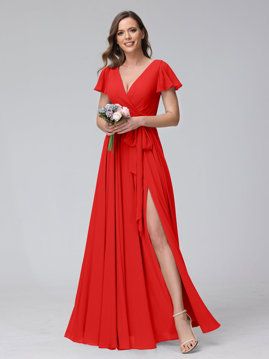 A-Line V-Neck Short Sleeves Long Chiffon Bridesmaid Dresses With Split Side Red