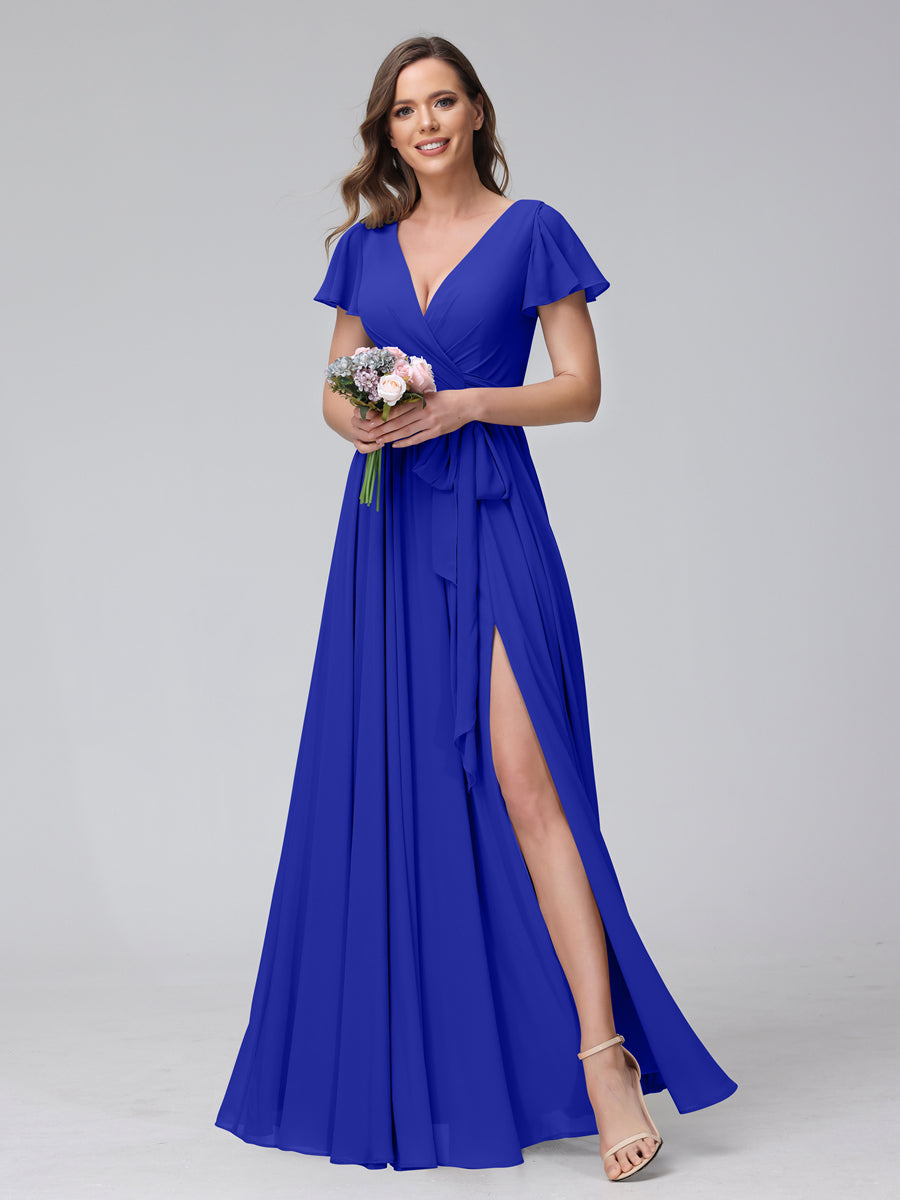 A-Line V-Neck Short Sleeves Long Chiffon Bridesmaid Dresses With Split Side Royal Blue