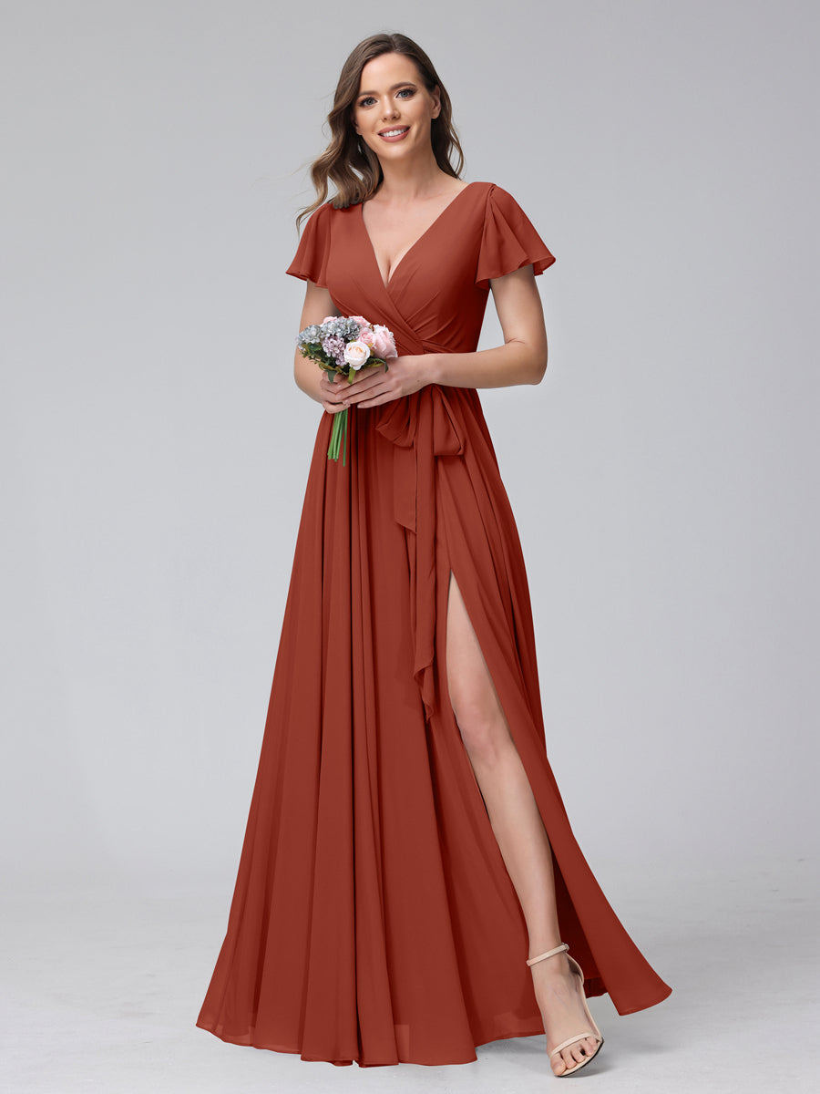 A-Line V-Neck Short Sleeves Long Chiffon Bridesmaid Dresses With Split Side Rust