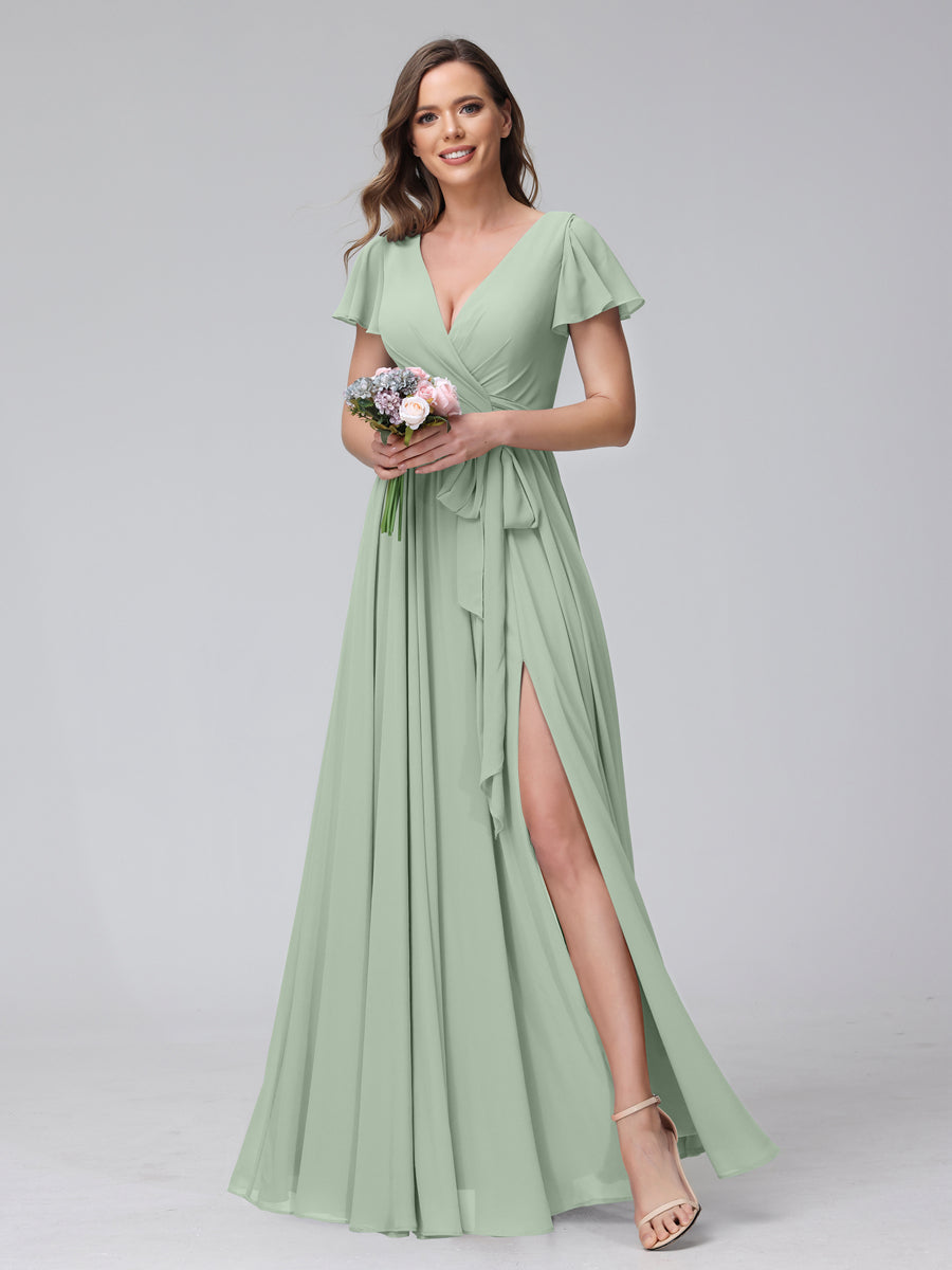 A-Line V-Neck Short Sleeves Long Chiffon Bridesmaid Dresses With Split Side Sage