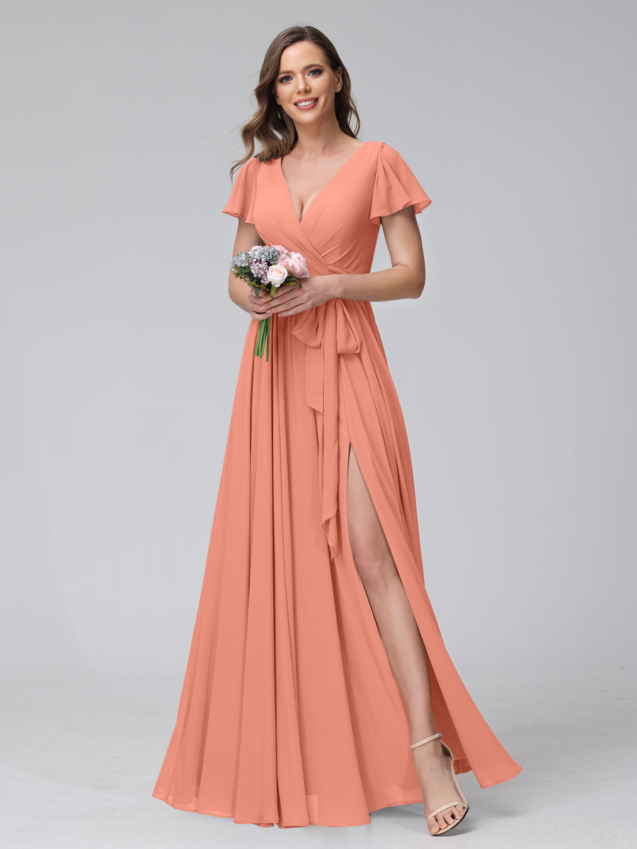 A-Line V-Neck Short Sleeves Long Chiffon Bridesmaid Dresses With Split Side Salmon
