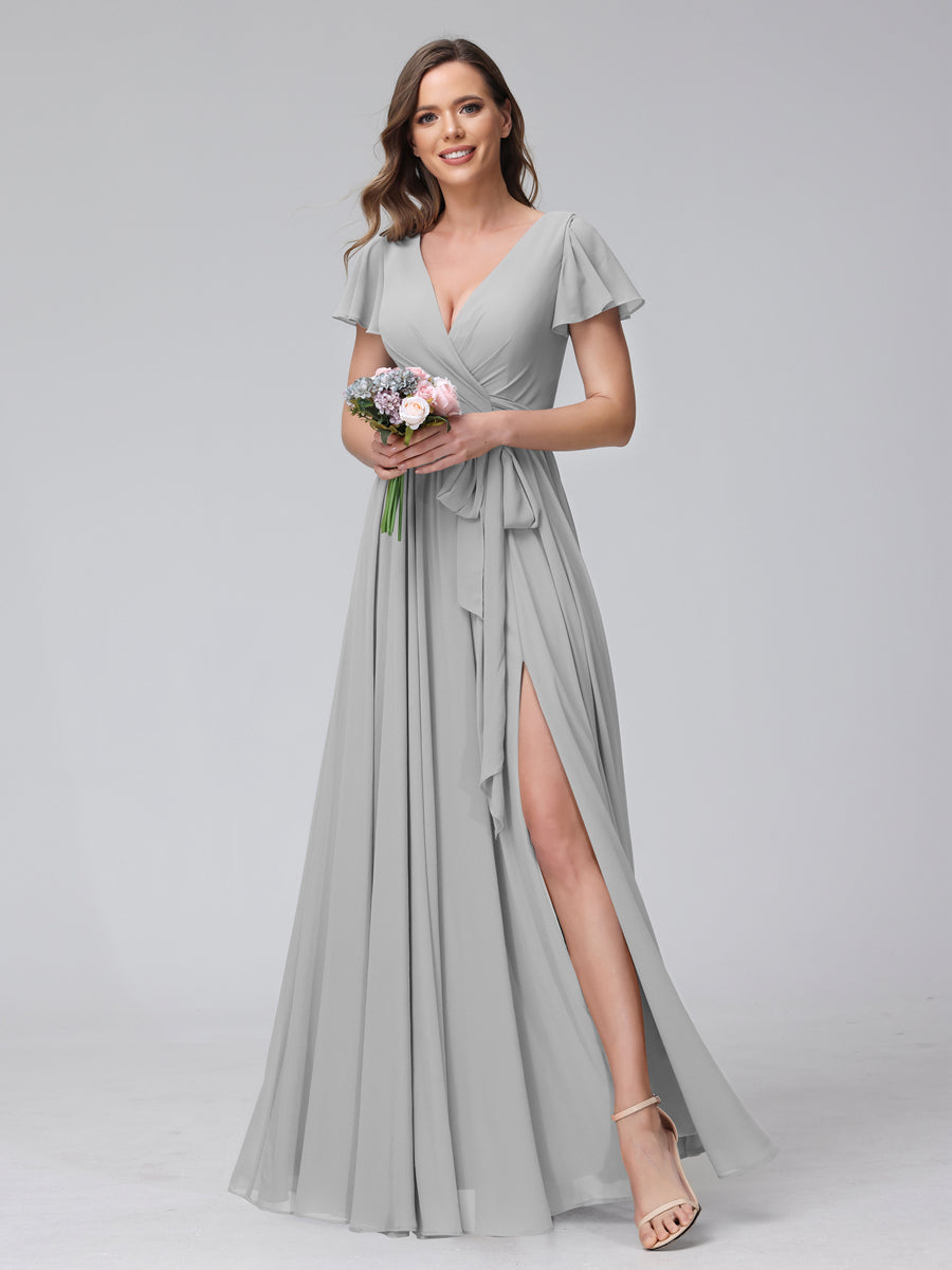 A-Line V-Neck Short Sleeves Long Chiffon Bridesmaid Dresses With Split Side Silver
