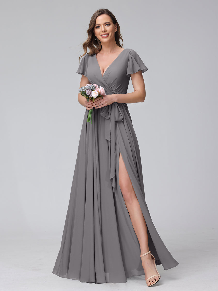 A-Line V-Neck Short Sleeves Long Chiffon Bridesmaid Dresses With Split Side Silver Gray