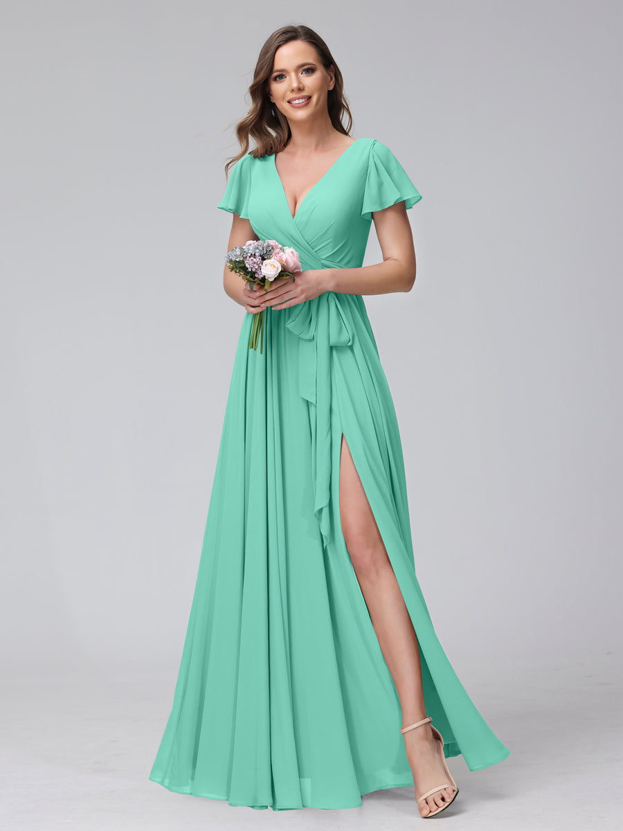 A-Line V-Neck Short Sleeves Long Chiffon Bridesmaid Dresses With Split Side Spa