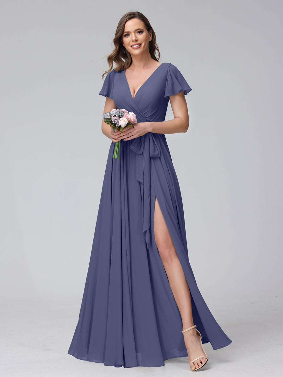 A-Line V-Neck Short Sleeves Long Chiffon Bridesmaid Dresses With Split Side Stormy Blue