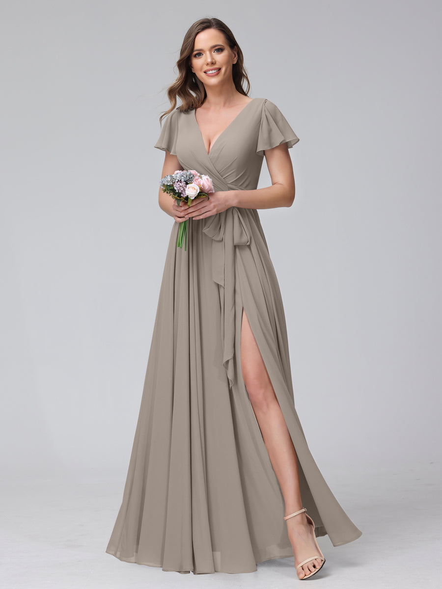 A-Line V-Neck Short Sleeves Long Chiffon Bridesmaid Dresses With Split Side Taupe