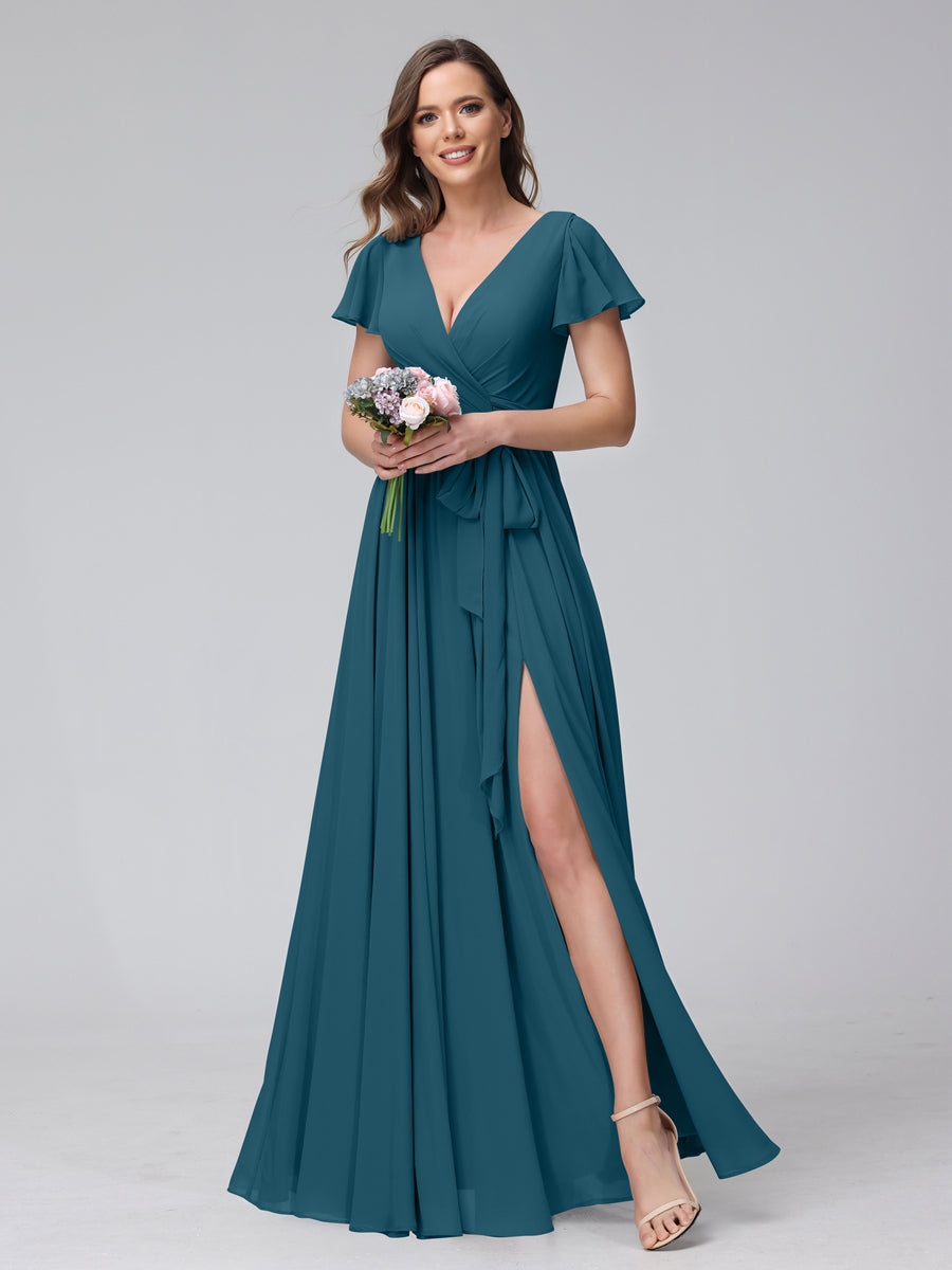 A-Line V-Neck Short Sleeves Long Chiffon Bridesmaid Dresses With Split Side Teal