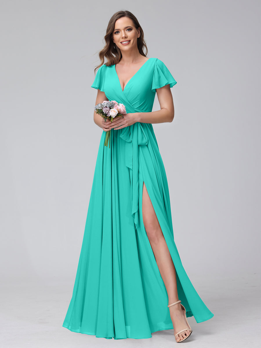 A-Line V-Neck Short Sleeves Long Chiffon Bridesmaid Dresses With Split Side Turquoise