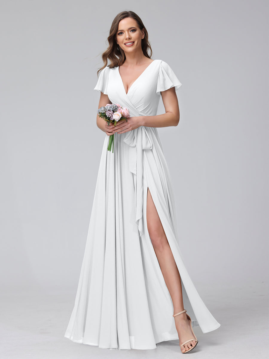 A-Line V-Neck Short Sleeves Long Chiffon Bridesmaid Dresses With Split Side White