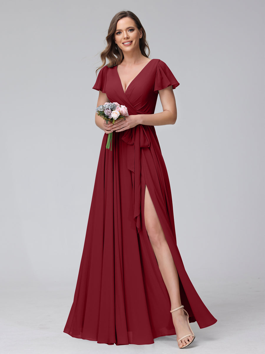 A-Line V-Neck Short Sleeves Long Chiffon Bridesmaid Dresses With Split Side Wine Red