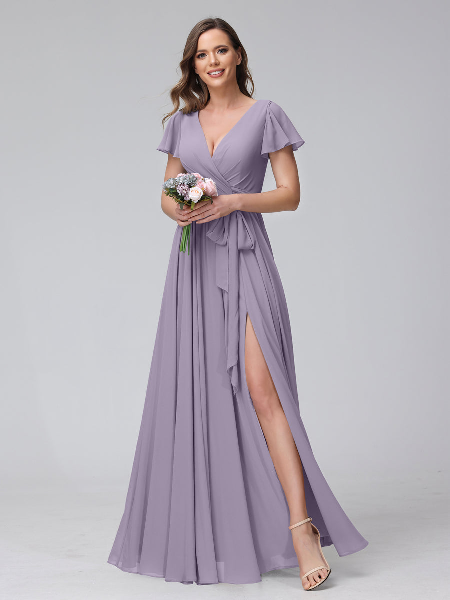 A-Line V-Neck Short Sleeves Long Chiffon Bridesmaid Dresses With Split Side Wisteria