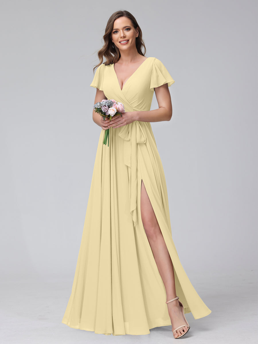 A-Line V-Neck Short Sleeves Long Chiffon Bridesmaid Dresses With Split Side Yellow