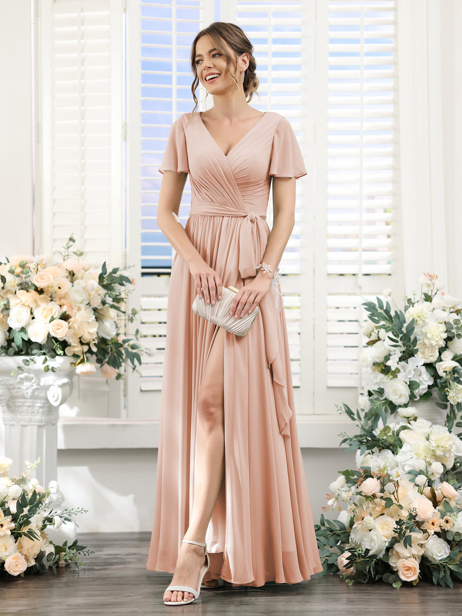 A-Line V-Neck Short Sleeves Split Side Ruched Floor-Length Chiffon Bridesmaid Dresses Blush Pink