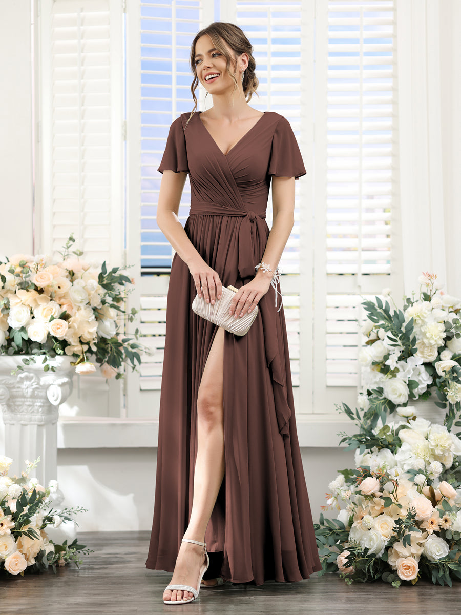 A-Line V-Neck Short Sleeves Split Side Ruched Floor-Length Chiffon Bridesmaid Dresses Brown