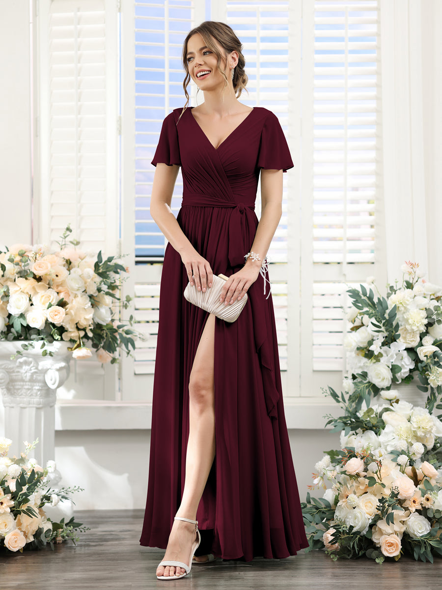 A-Line V-Neck Short Sleeves Split Side Ruched Floor-Length Chiffon Bridesmaid Dresses Burgundy