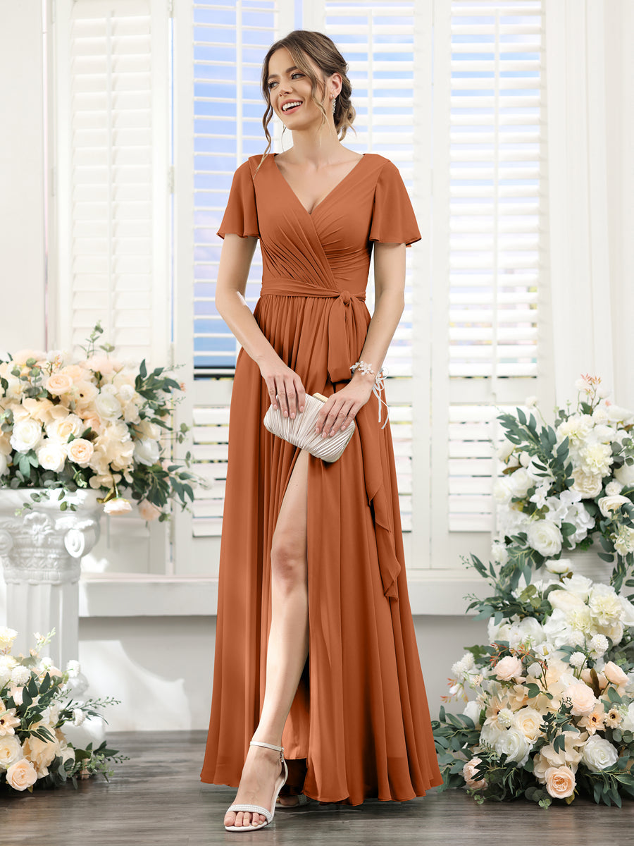 A-Line V-Neck Short Sleeves Split Side Ruched Floor-Length Chiffon Bridesmaid Dresses Burnt Orange