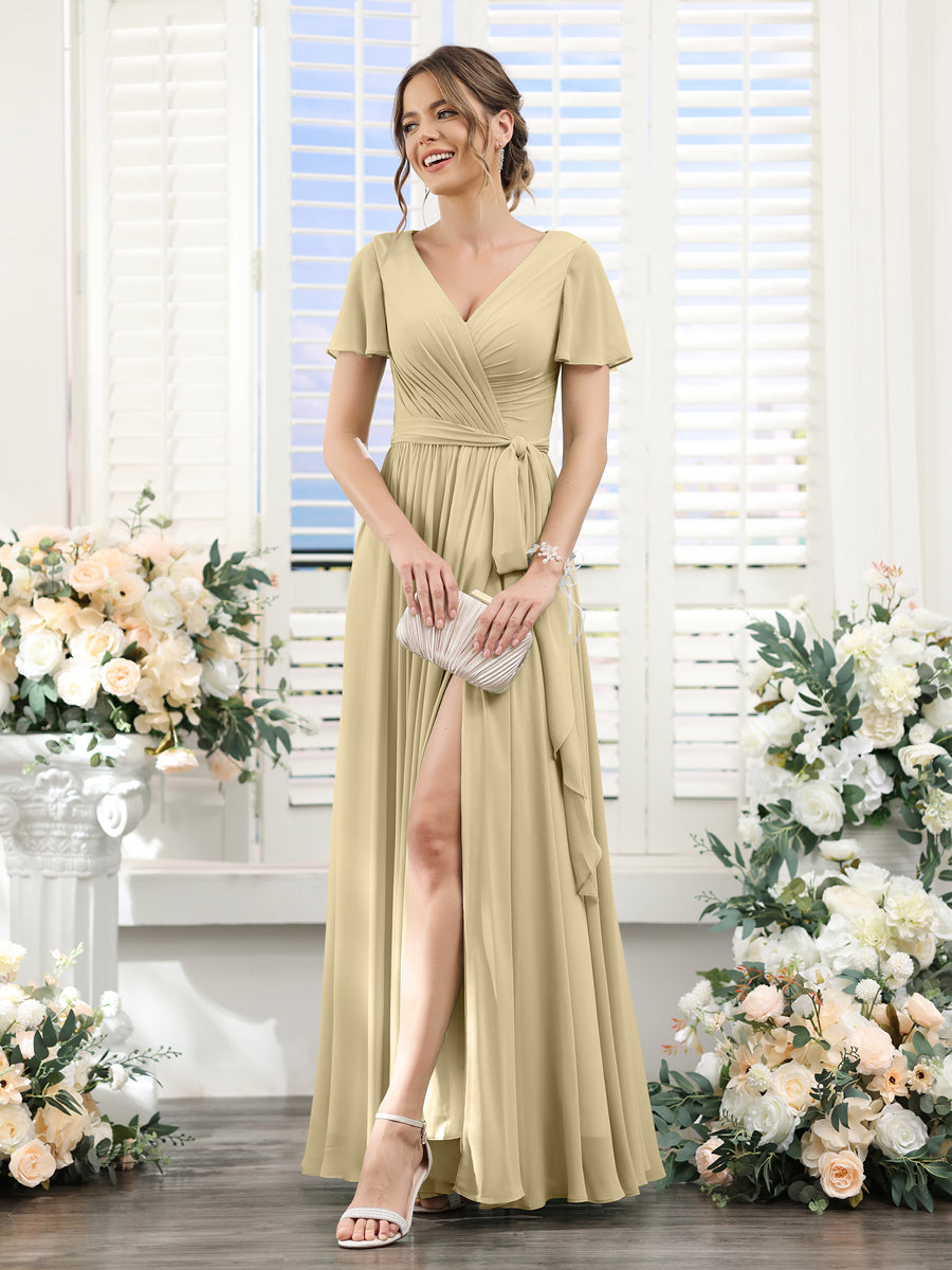 A-Line V-Neck Short Sleeves Split Side Ruched Floor-Length Chiffon Bridesmaid Dresses Champagne