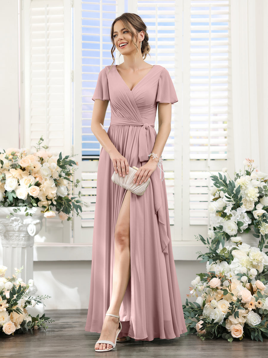 A-Line V-Neck Short Sleeves Split Side Ruched Floor-Length Chiffon Bridesmaid Dresses Dusty Pink
