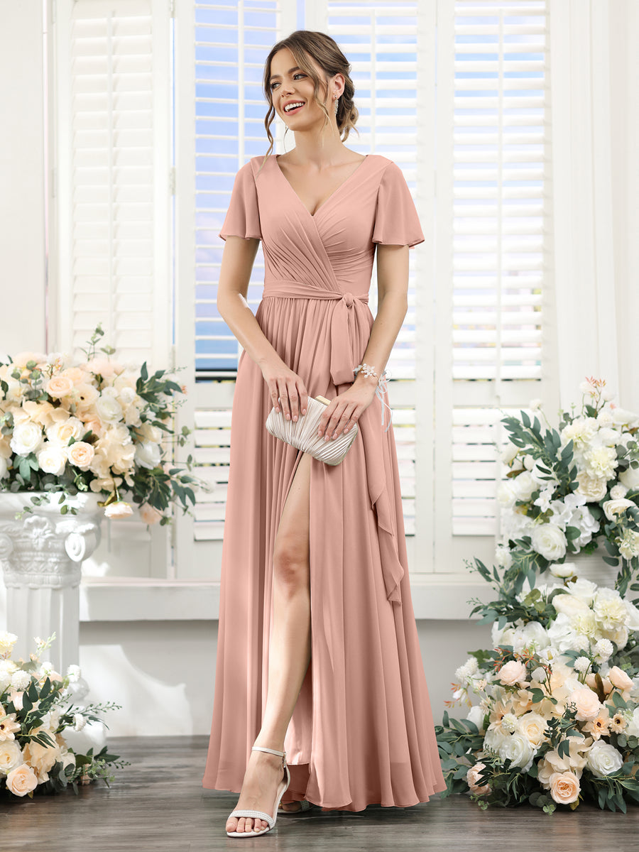 A-Line V-Neck Short Sleeves Split Side Ruched Floor-Length Chiffon Bridesmaid Dresses Dusty Rose
