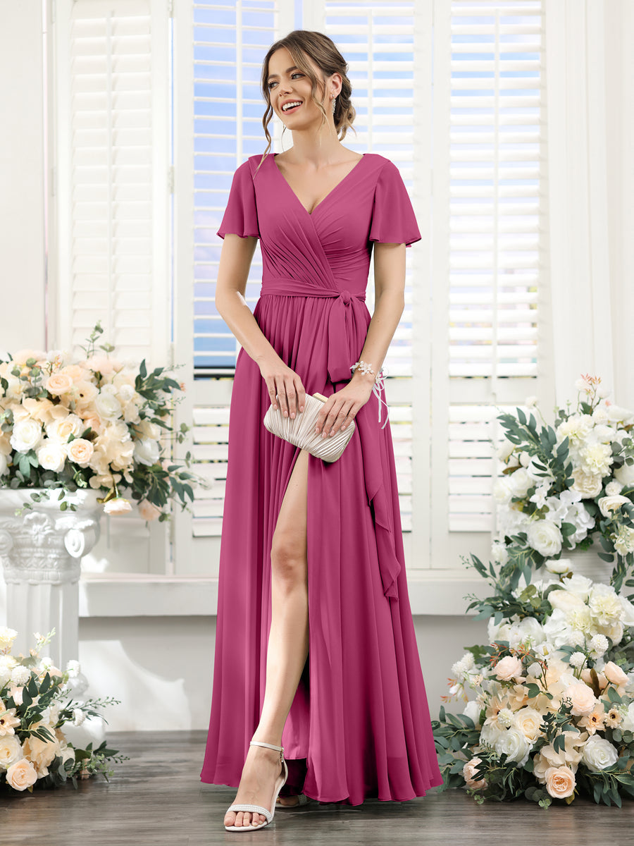 A-Line V-Neck Short Sleeves Split Side Ruched Floor-Length Chiffon Bridesmaid Dresses Fuchsia
