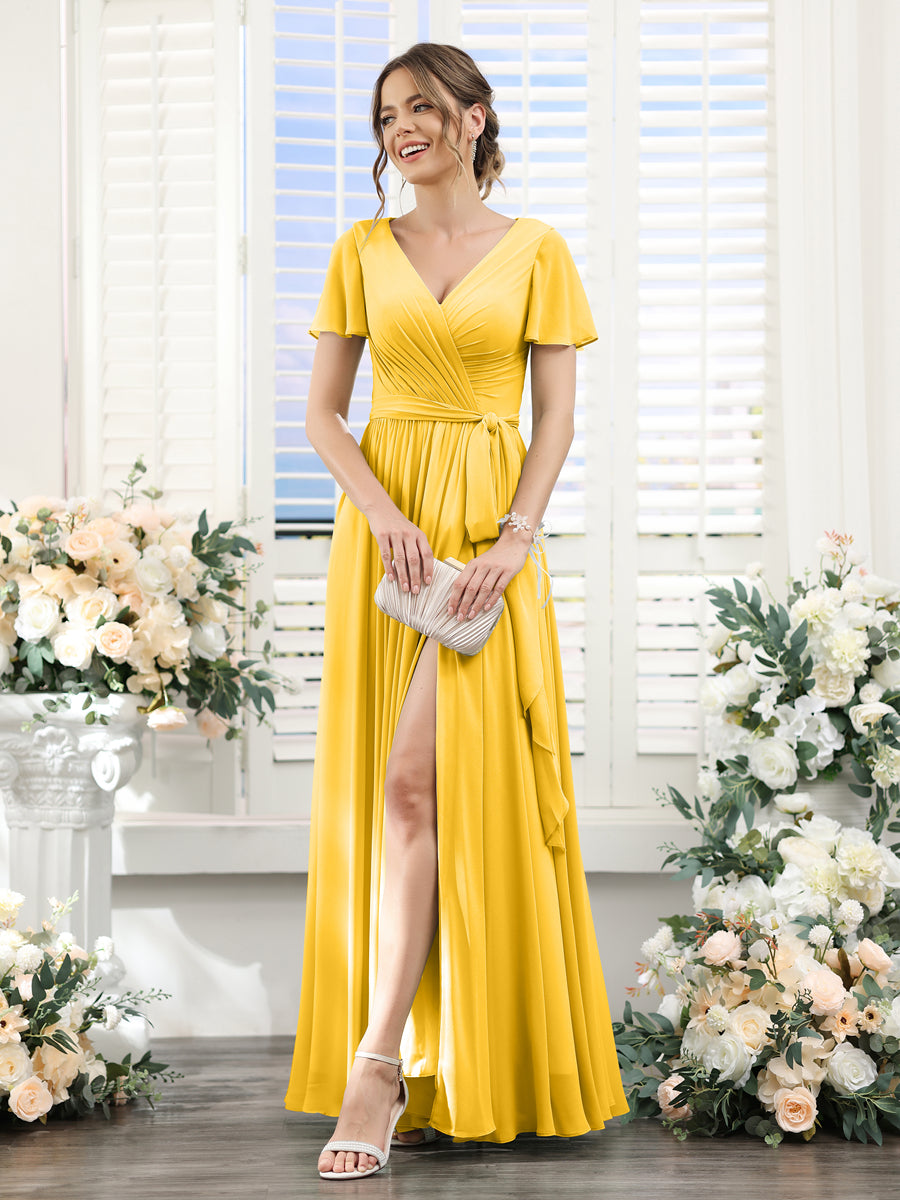 A-Line V-Neck Short Sleeves Split Side Ruched Floor-Length Chiffon Bridesmaid Dresses Gold