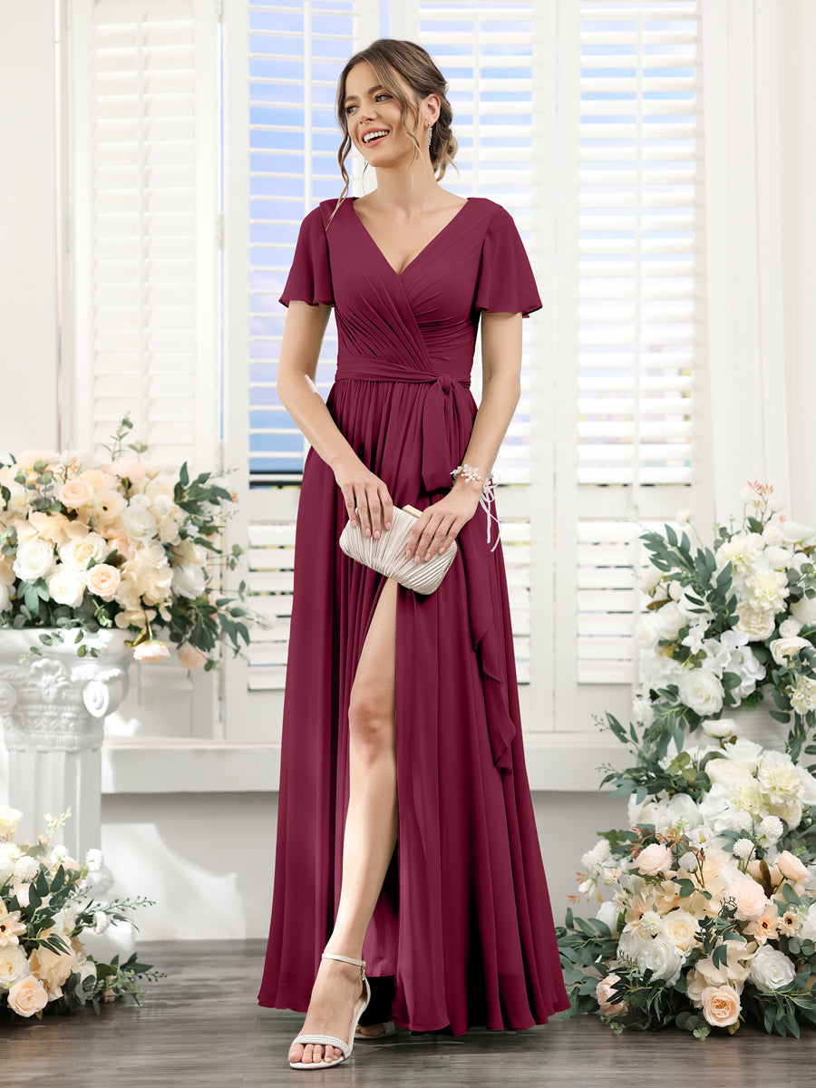 A-Line V-Neck Short Sleeves Split Side Ruched Floor-Length Chiffon Bridesmaid Dresses Light Burgundy