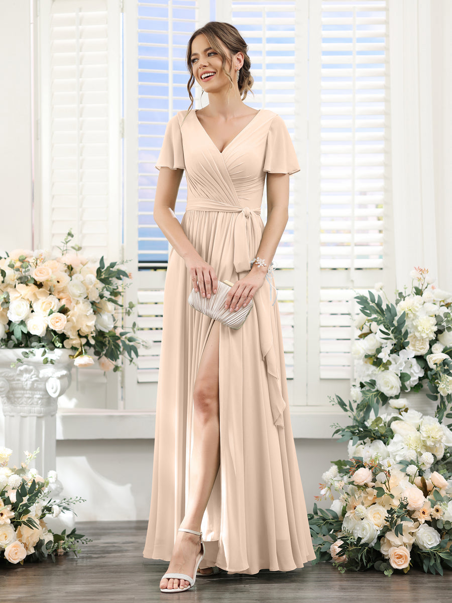 A-Line V-Neck Short Sleeves Split Side Ruched Floor-Length Chiffon Bridesmaid Dresses Light Champagne