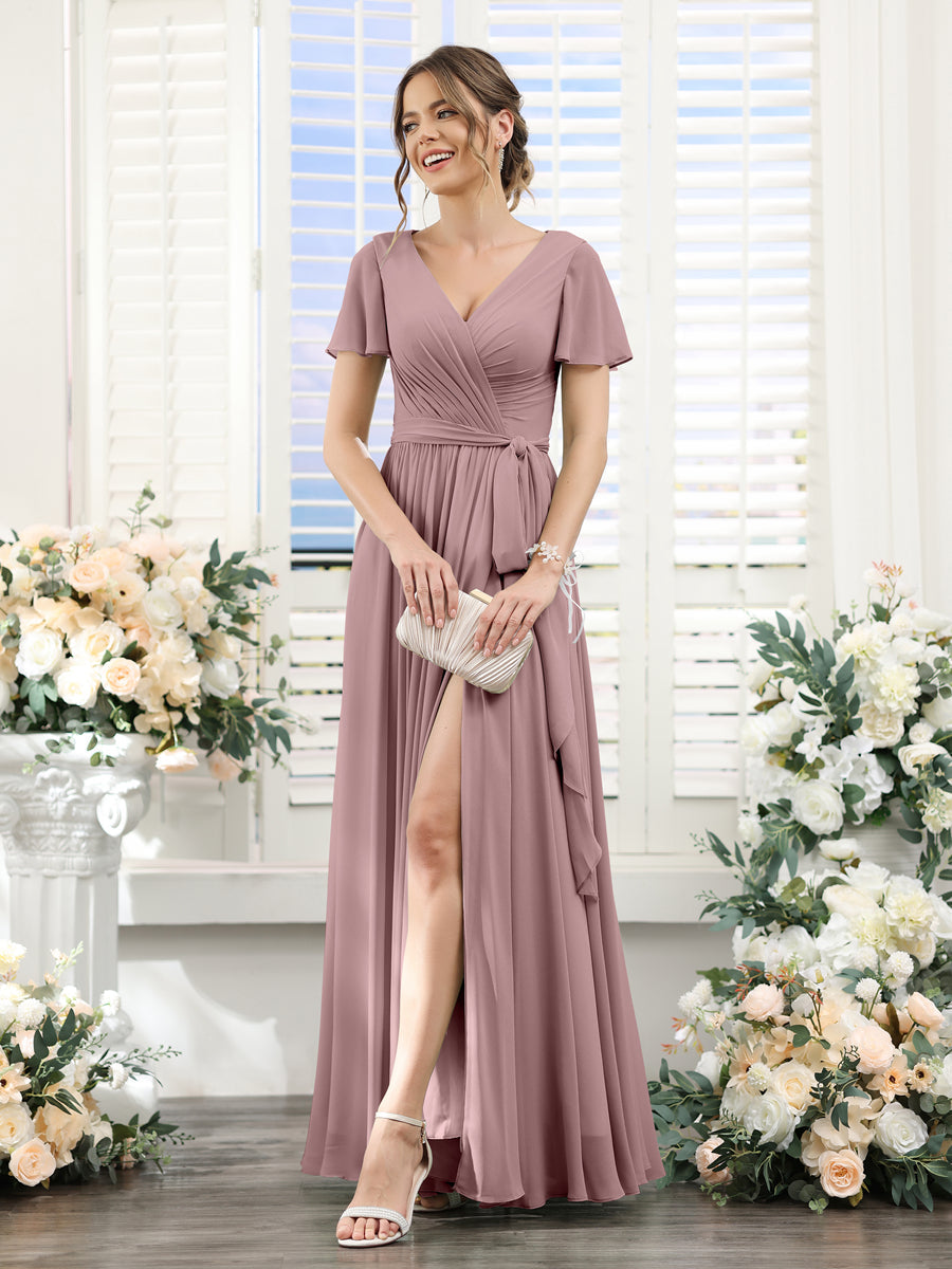 A-Line V-Neck Short Sleeves Split Side Ruched Floor-Length Chiffon Bridesmaid Dresses Mauve