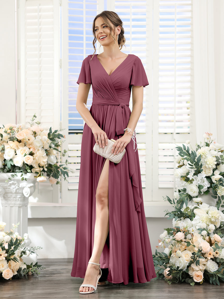 A-Line V-Neck Short Sleeves Split Side Ruched Floor-Length Chiffon Bridesmaid Dresses Mulberry