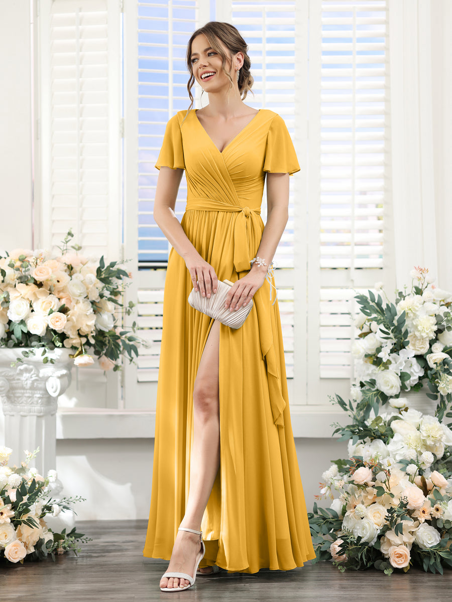 A-Line V-Neck Short Sleeves Split Side Ruched Floor-Length Chiffon Bridesmaid Dresses Mustard Yellow