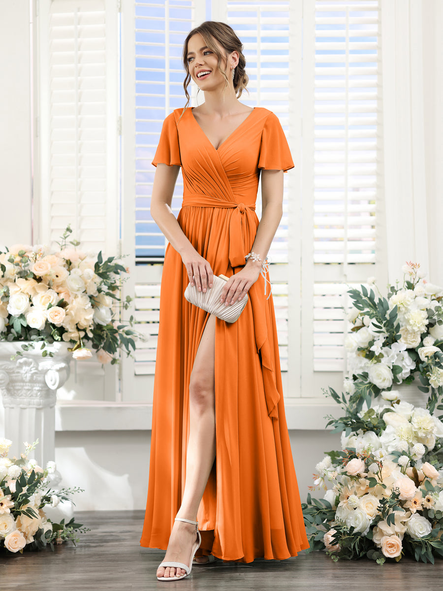 A-Line V-Neck Short Sleeves Split Side Ruched Floor-Length Chiffon Bridesmaid Dresses Orange