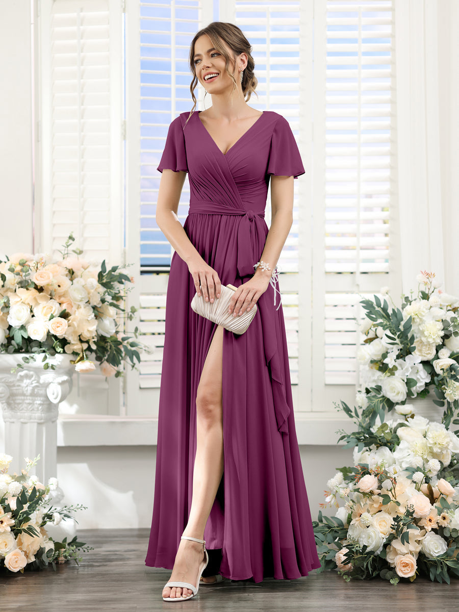 A-Line V-Neck Short Sleeves Split Side Ruched Floor-Length Chiffon Bridesmaid Dresses Orchid