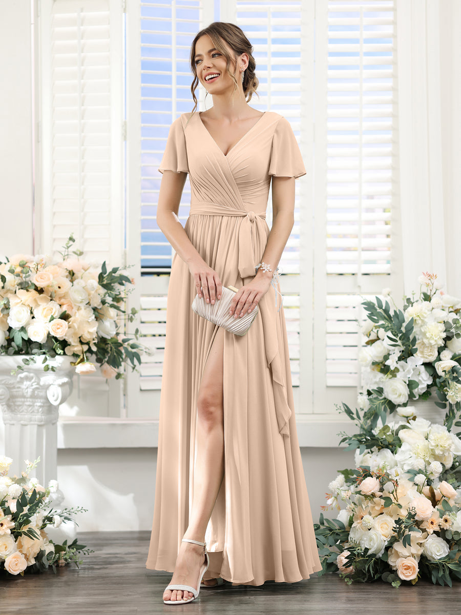 A-Line V-Neck Short Sleeves Split Side Ruched Floor-Length Chiffon Bridesmaid Dresses Peach Pink