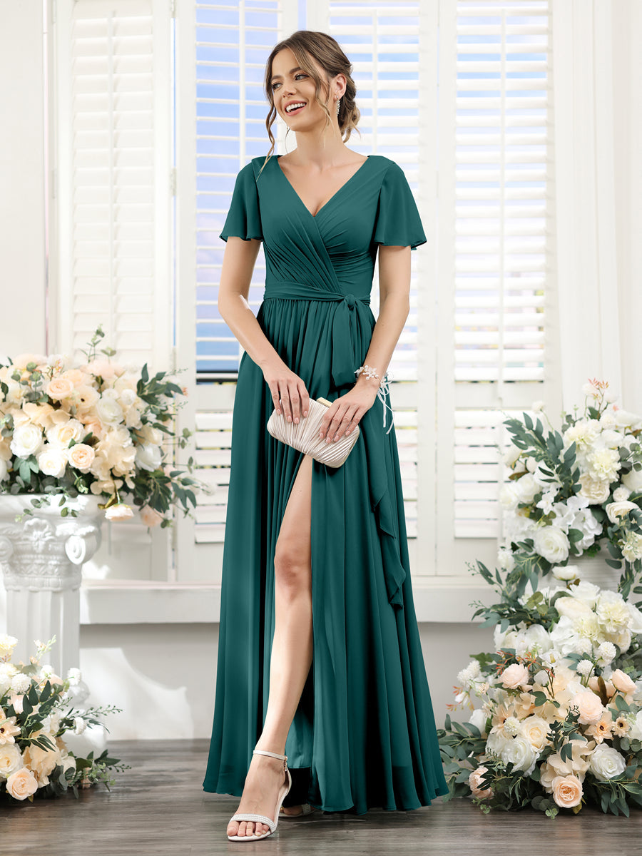 A-Line V-Neck Short Sleeves Split Side Ruched Floor-Length Chiffon Bridesmaid Dresses Peacock