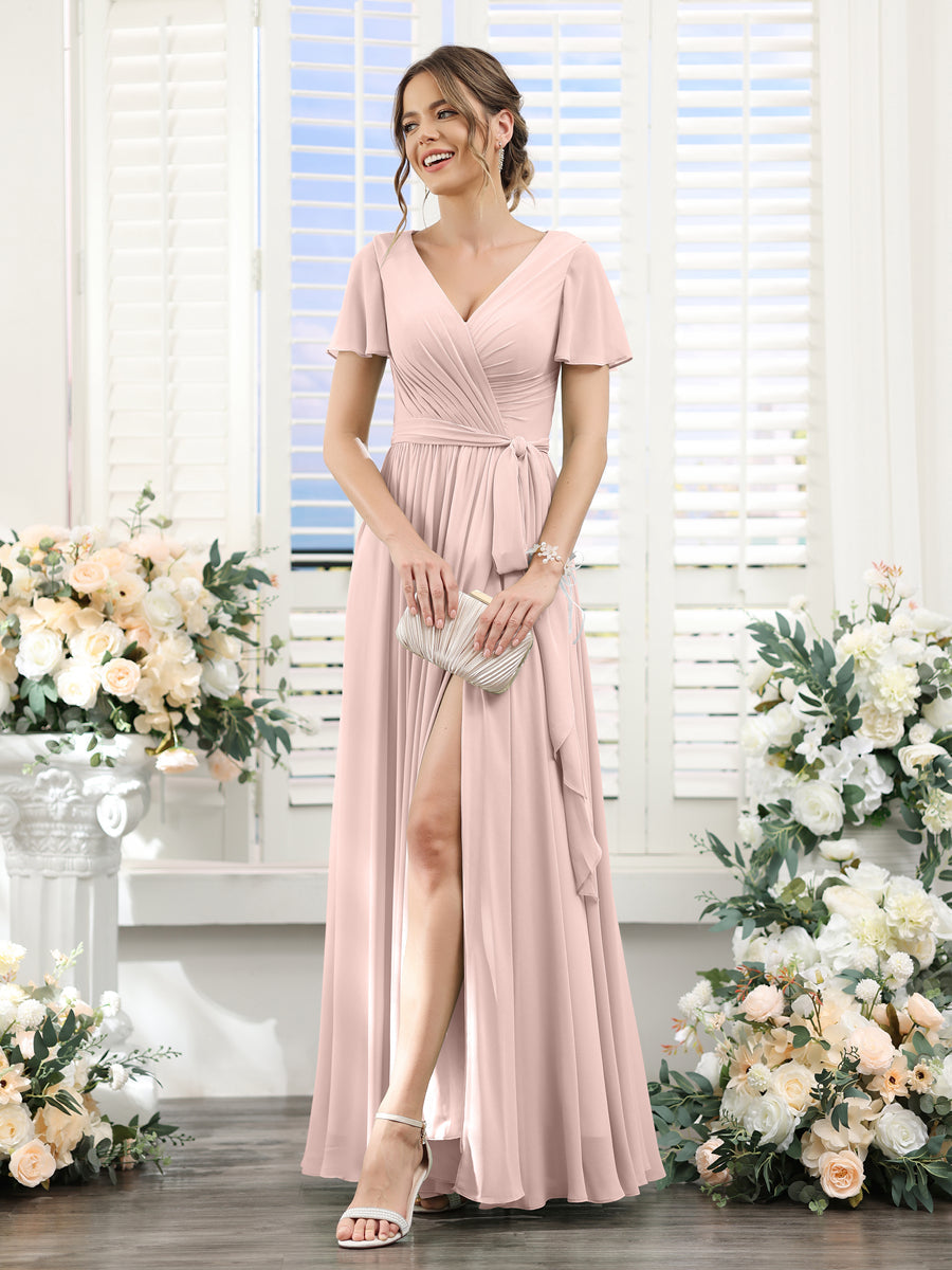 A-Line V-Neck Short Sleeves Split Side Ruched Floor-Length Chiffon Bridesmaid Dresses Pearl Pink