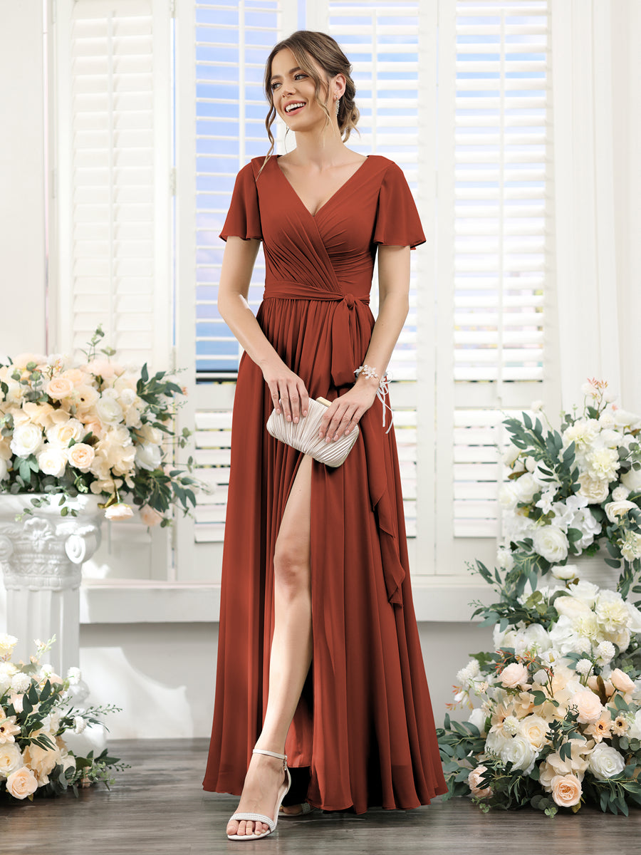 A-Line V-Neck Short Sleeves Split Side Ruched Floor-Length Chiffon Bridesmaid Dresses Rust