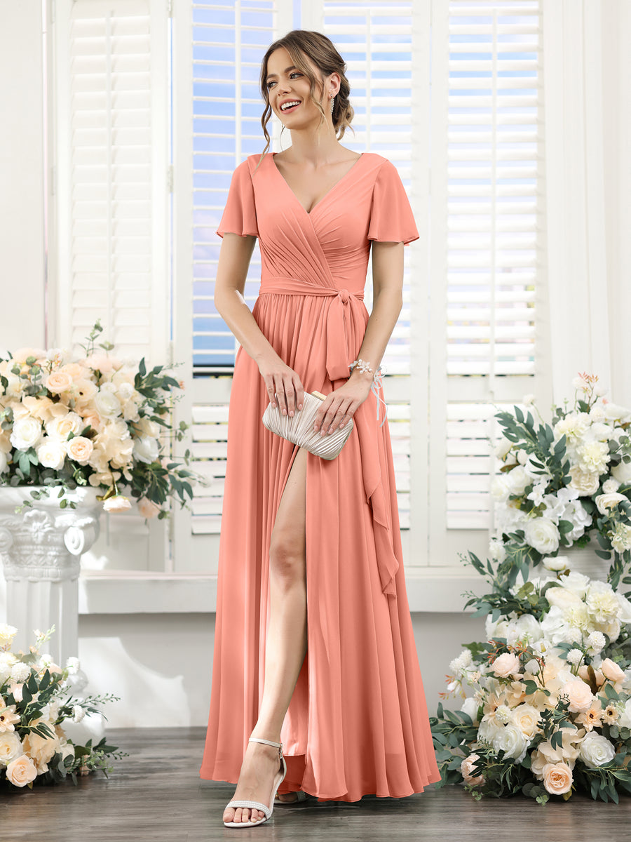 A-Line V-Neck Short Sleeves Split Side Ruched Floor-Length Chiffon Bridesmaid Dresses Salmon