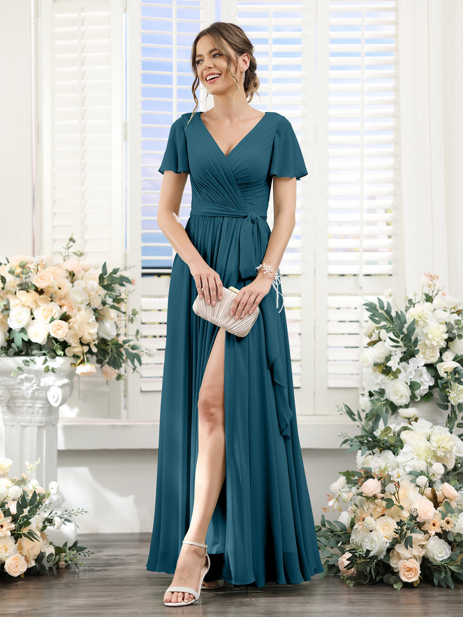 A-Line V-Neck Short Sleeves Split Side Ruched Floor-Length Chiffon Bridesmaid Dresses Teal
