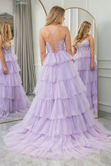 Lilac A Line Tiered Long Corset Prom Dress With Appliques