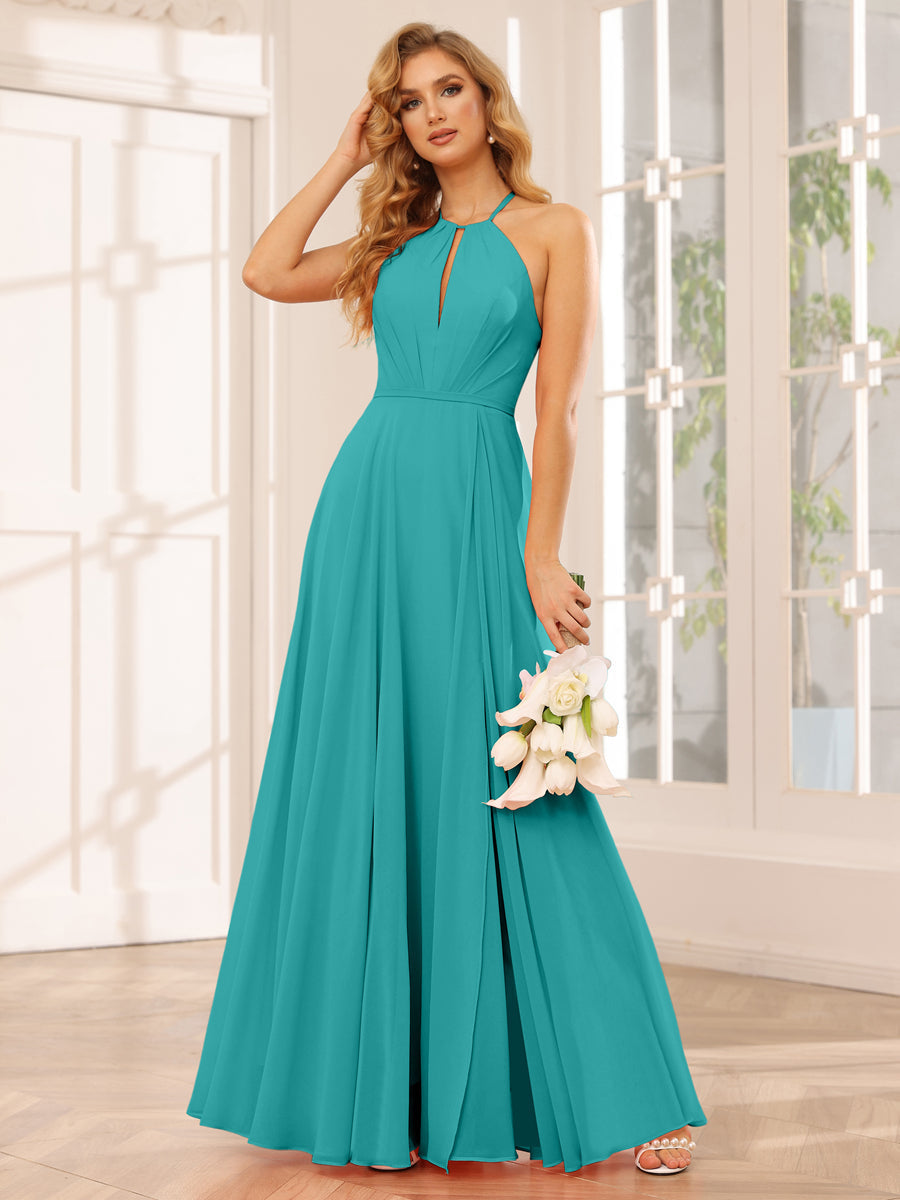 A-Line/Princess Halter Long Bridesmaid Dresses with Split Side Aqua Blue
