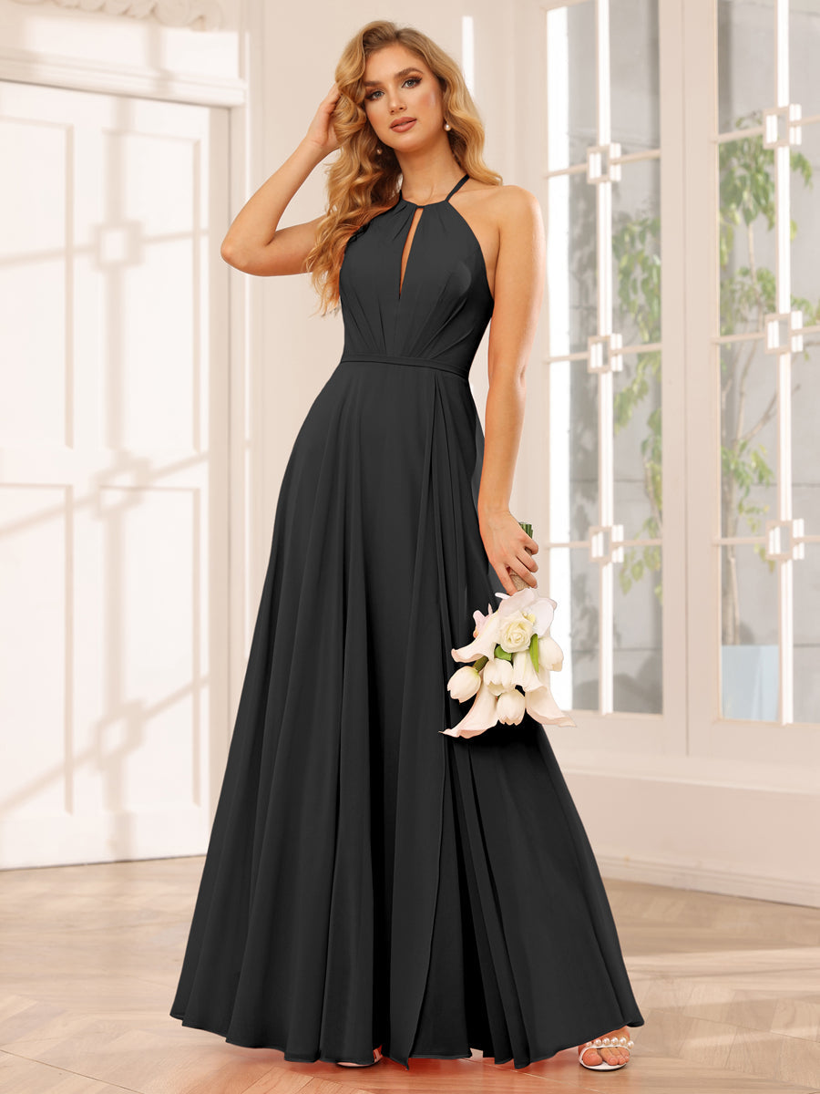 A-Line/Princess Halter Long Bridesmaid Dresses with Split Side Black