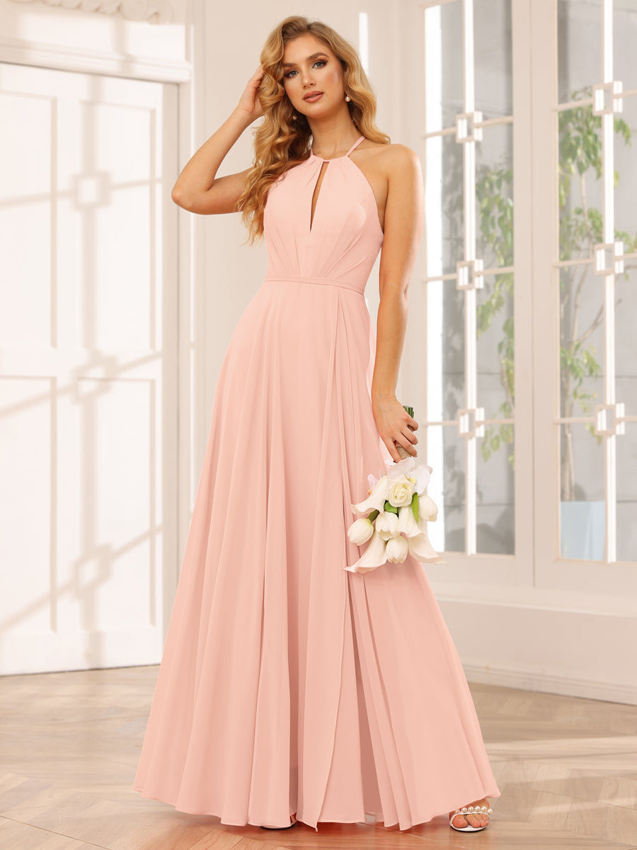 A-Line/Princess Halter Long Bridesmaid Dresses with Split Side Blush Pink